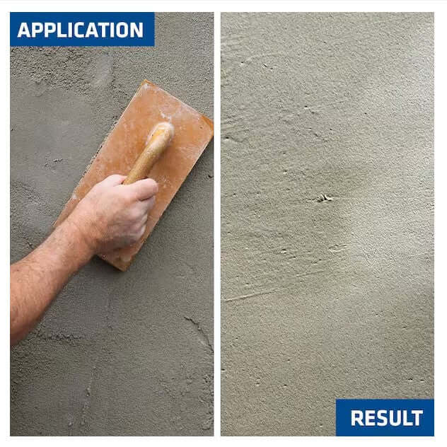 One-coat stucco base being applied to a wall, with the troweled finish result alongside it