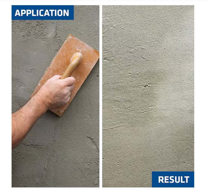 One-coat stucco base being applied to a wall, with the troweled finish result alongside it