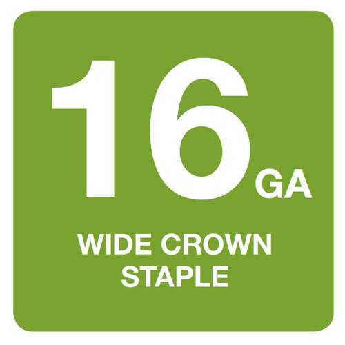 Wide crown 16-gauge galvanized staples used for housewrap and stucco lath