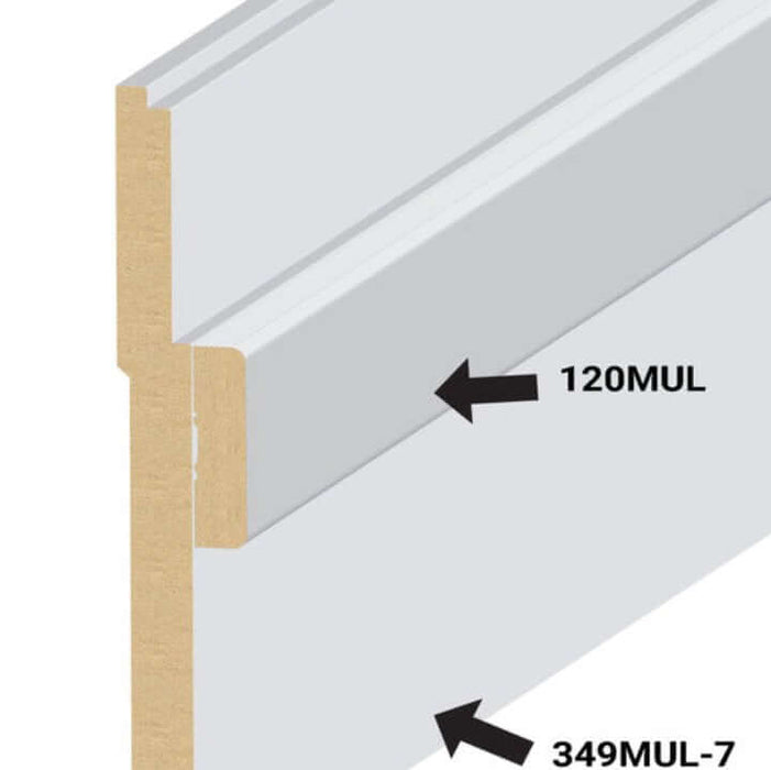 MDF Casing 9/16 in. x 2-1/4 in. x 17 ft. Primed 120M profile showcasing 120M and 349MUL-7 details.