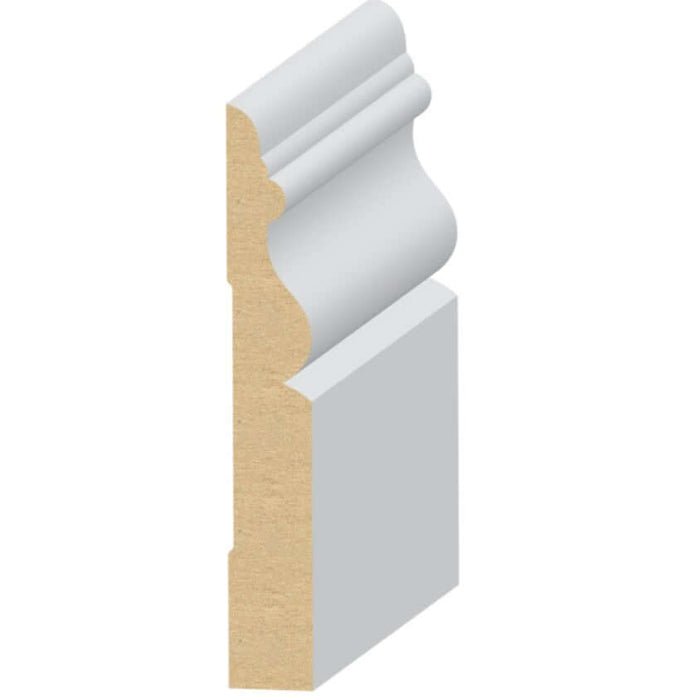 MDF Base Moulding 9/16 in. X 3-7/8 in. x 16 ft. Primed 329M close-up view of design and profile.