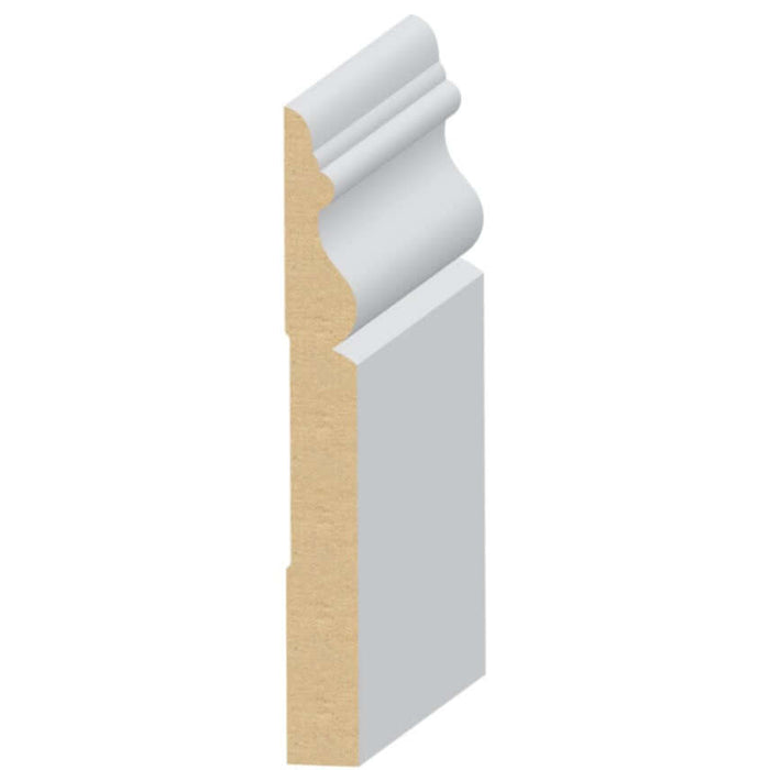 MDF Base Moulding 9/16 in. x 5 in. x 16 ft. Primed 330M showcasing its detailed profile design.