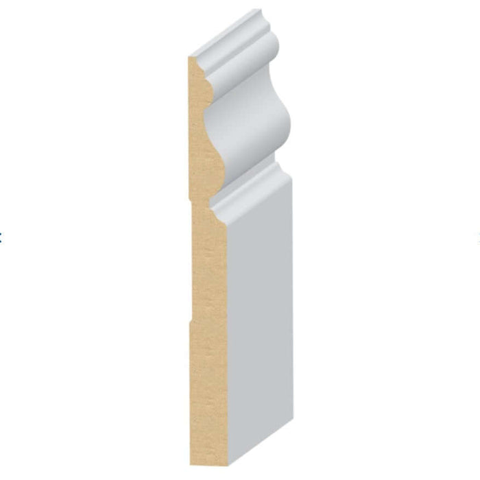MDF Base Moulding 9/16 in. x 6 in. x 16 ft. Primed 342M-6 profile showcasing detailed design and primed surface.