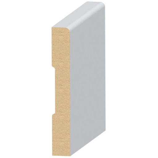 MDF Base Moulding 1/2 in. X 3-1/2 in. x 16 ft. Primed 387M-3 side view showcasing its smooth, pre-primed surface.