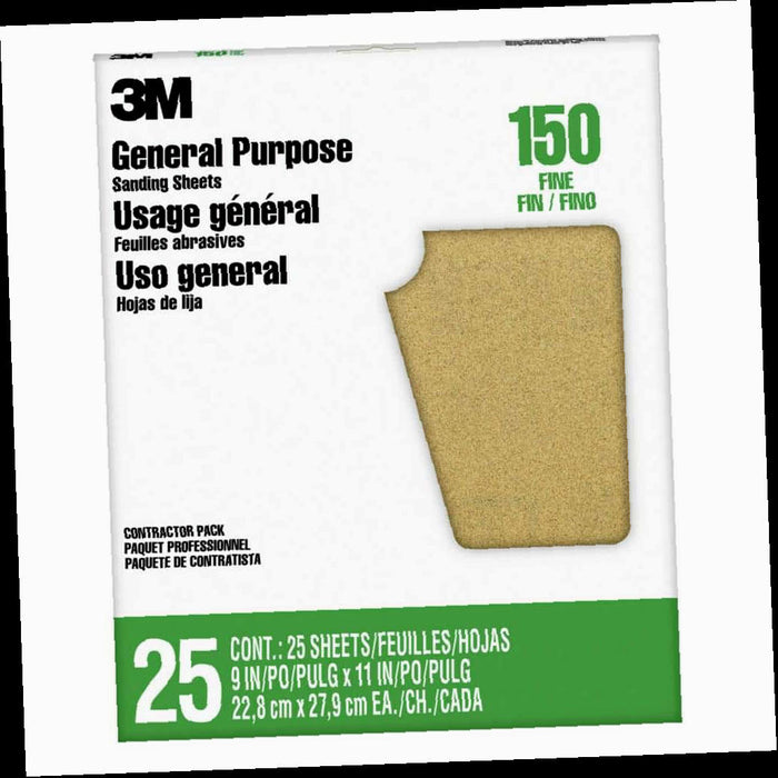 General Purpose Sanding Sheets, Fine Grit, 150, PRO-PAK, 9 in. x 11 in. (25-Sheets/Pack)