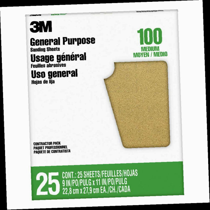 General Purpose Sanding Sheets, Medium Grit, 100, 9 in. x 11 in. (25-Sheets/pack)