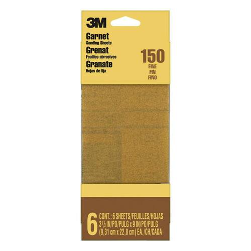 Sand Paper, Fine Grit, 150, Garnet, 3-2/3 in. x 9 in. (6-Sheets/Pack)