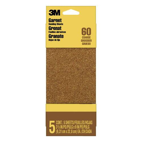 Sheet Sandpaper, Coarse, 60-Grit, Garnet, 3.7 in. x 9 in. (5-Sheets/Pack)