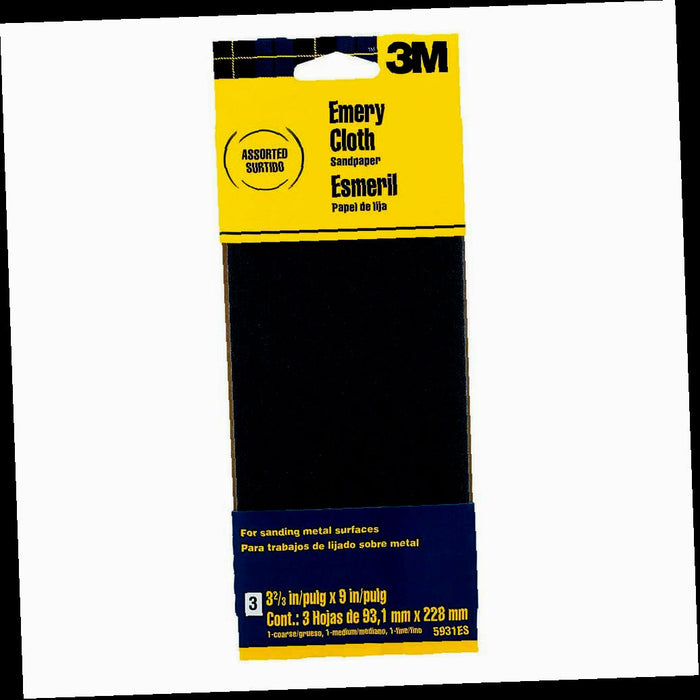 Emery Cloth Sandpaper, Assorted Grits, Coarse, Medium and Fine, 3.66 in. x 9 in. (3 Sheets-Pack)