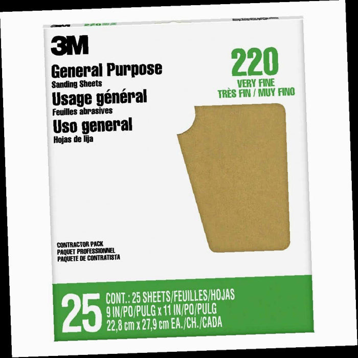 Aluminum Oxide Sandpaper, Very Fine Grit, 220, 9 in. x 11 in. (25-Sheets/Pack)