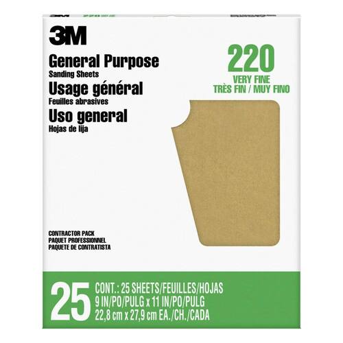 Aluminum Oxide Sandpaper, Very Fine Grit, 220, 9 in. x 11 in. (25-Sheets/Pack)