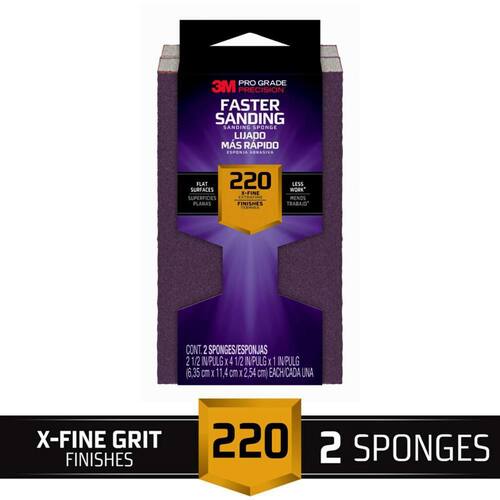 Block Sanding Sponge, Extra Fine Grit, 220, Pro Grade Precision, 2-1/2 in. x 4-1/2 in. x 1 in. (2-Pack)