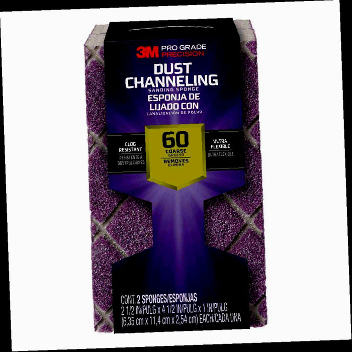 Dust Channeling Sanding Sponge, Coarse Grit, 60, Pro Grade Precision, 4-1/2 in. x 2-1/2 in. x 1 in. (2-Pack)