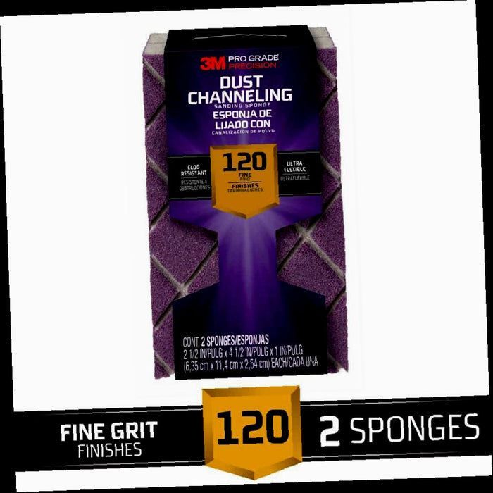 Dust Channeling Sanding Sponge, Fine Grit, 120, Pro Grade Precision, 4-1/2 in. x 2-1/2 in. x 1 in. (2-Pack)