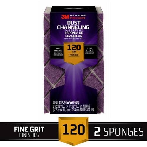 Dust Channeling Sanding Sponge, Fine Grit, 120, Pro Grade Precision, 4-1/2 in. x 2-1/2 in. x 1 in. (2-Pack)