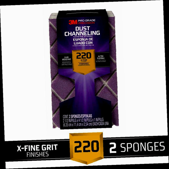 Dust Channeling Sanding Sponge, X-Fine Grit, 220, Pro Grade Precision, 4-1/2 in. x 2-1/2 in. x 1 in. (2-Pack)