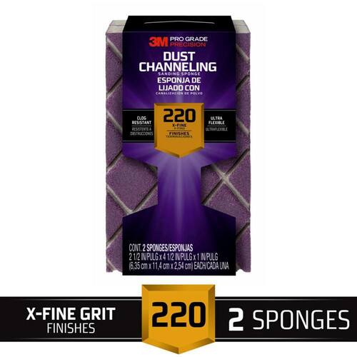 Dust Channeling Sanding Sponge, X-Fine Grit, 220, Pro Grade Precision, 4-1/2 in. x 2-1/2 in. x 1 in. (2-Pack)