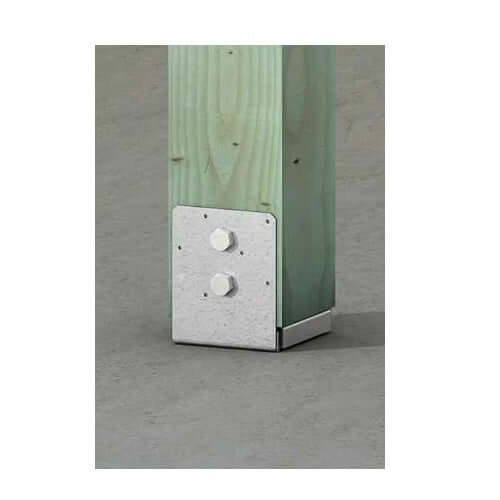Post Bracket 6x6 in ABU66Z Adjustable Base w Uplift Galvanized installed on a wooden post.