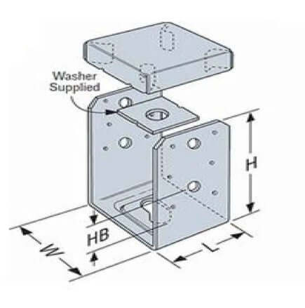 Post Bracket 6x6 in ABU66Z Adjustable Base w Uplift Galvanized detailed diagram with dimensions and washer supplied.