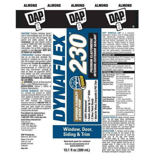 Elastomeric Sealant, Dynaflex 230, Premium, Almond, Exterior/Interior, Window, Door and Trim, 10.1 oz.