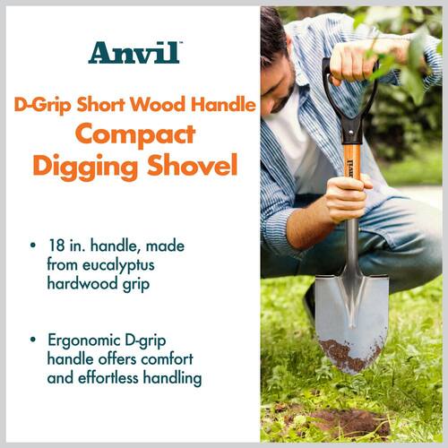 Digging Shovel Compact Carbon Steel Wood D-Grip Short Handle 18 in.