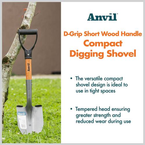 Digging Shovel Compact Carbon Steel Wood D-Grip Short Handle 18 in.