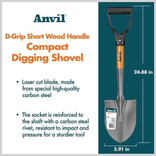 Digging Shovel Compact Carbon Steel Wood D-Grip Short Handle 18 in.