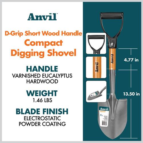 Digging Shovel Compact Carbon Steel Wood D-Grip Short Handle 18 in.