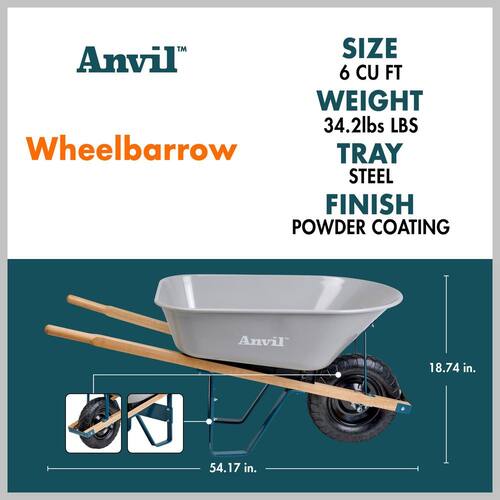 Wheelbarrow Steel Tub 6 cu. ft. with Wooden Handles and Pneumatic Tire