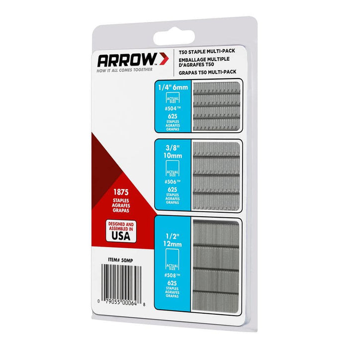 Steel Staples Multi-Pack 1/4 in. x 3/8 in. x 1/2 in. 50MP T50 Galvanized Med. Crown Mixed Point Heavy-Duty (1875-Pack) — view 6