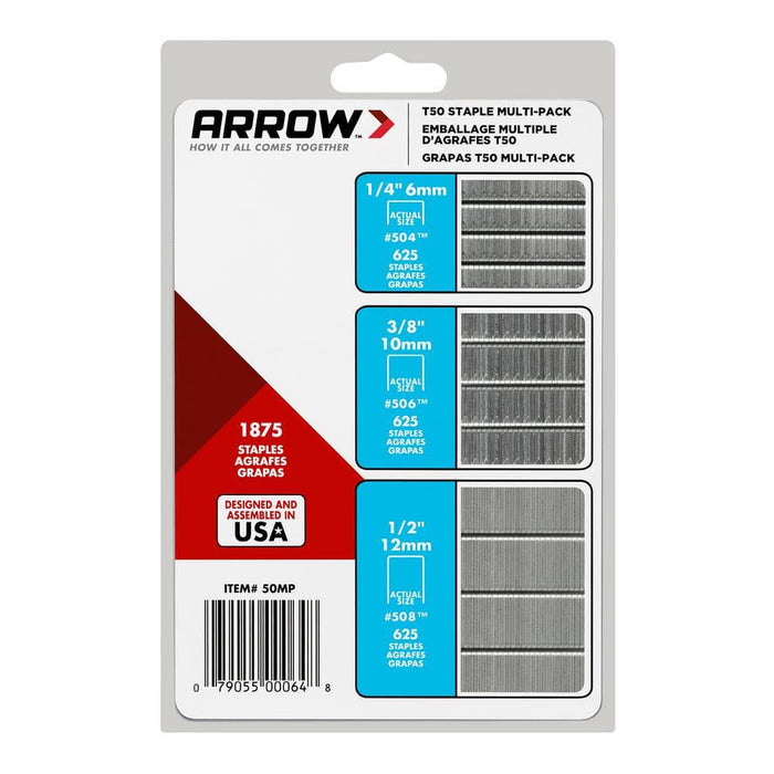 Steel Staples Multi-Pack 1/4 in. x 3/8 in. x 1/2 in. 50MP T50 Galvanized Med. Crown Mixed Point Heavy-Duty (1875-Pack) — view 4