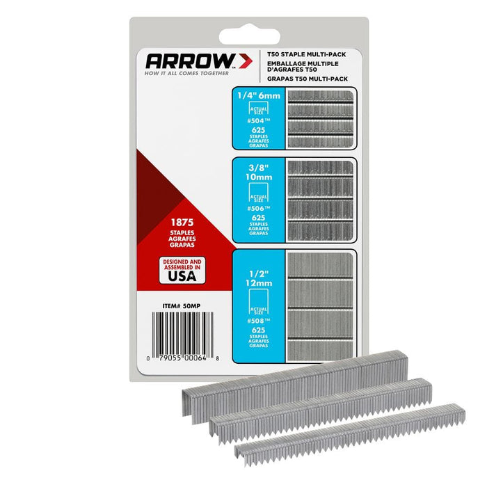 Steel Staples Multi-Pack 1/4 in. x 3/8 in. x 1/2 in. 50MP T50 Galvanized Med. Crown Mixed Point Heavy-Duty (1875-Pack) — view 3