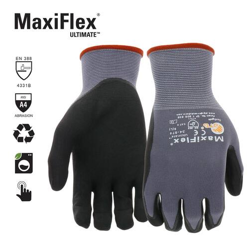 Gloves Nitrile Coated Outdoor and Work Gray with Touchscreen Capability X-Large MaxiFlex Ultimate Men's (3-Pack)