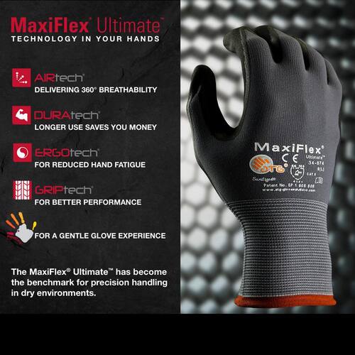 Gloves Nitrile Coated Outdoor and Work Gray with Touchscreen Capability X-Large MaxiFlex Ultimate Men's (3-Pack)