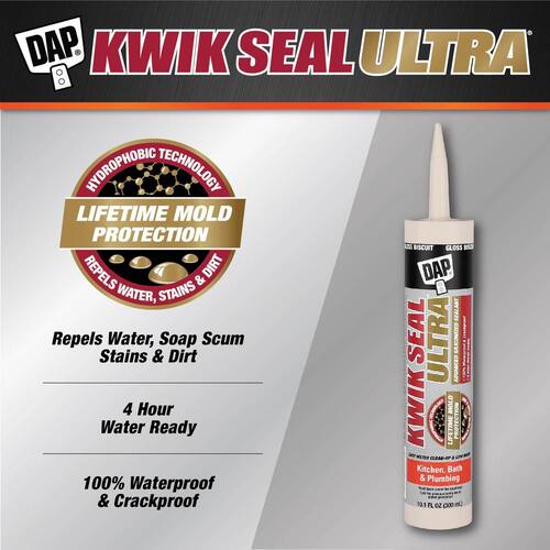 Siliconized Caulk, Kwik Seal Ultra, Biscuit, Advanced, Kitchen and Bath, 10.1 oz.