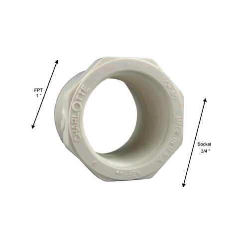 PVC Schedule 40 Spigot x FPT Reducer Bushing Fitting 1 in. x 3/4 in.