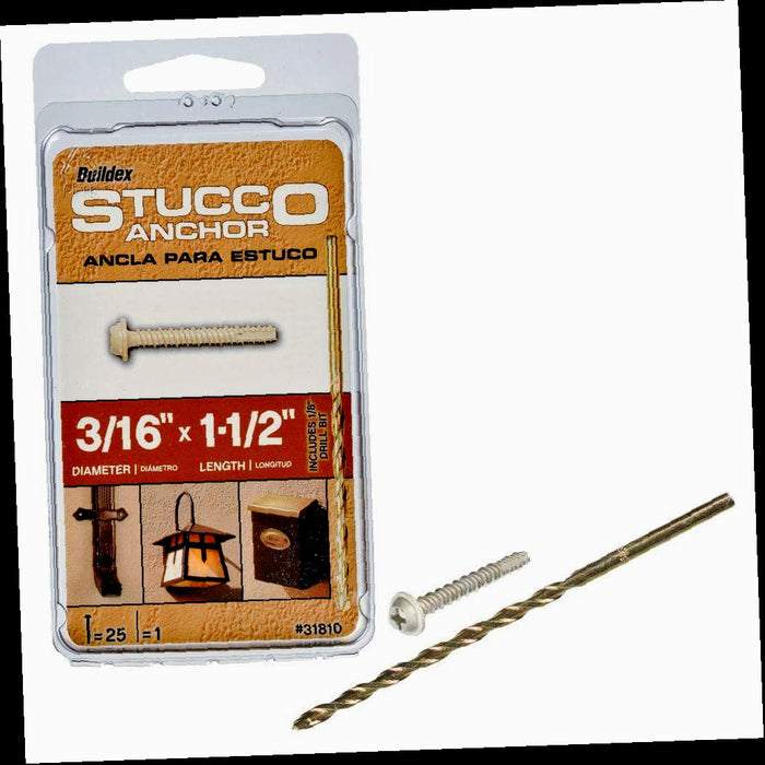 Steel Round-Washer-Head Phillips Stucco Anchors 3/16 in. x 1-1/2 in., with Drill Bit (25-Pack)