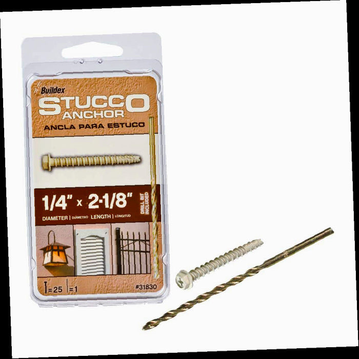 Steel Hex-Washer-Head Stucco Anchors 1/4 in. x 2-1/2 in., with Drill Bit (25-Pack)