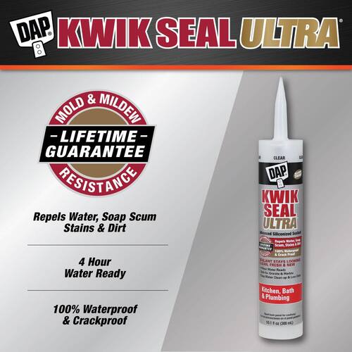 Siliconized Caulk, Kwik Seal Ultra, Clear, Advanced, Kitchen and Bath, 10.1 oz.