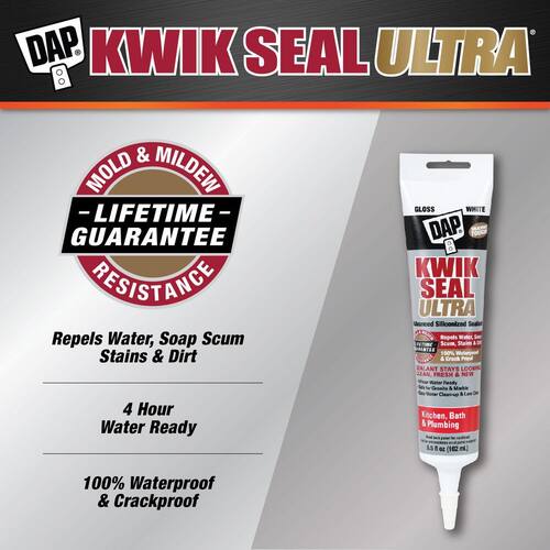 Siliconized Caulk, Kwik Seal Ultra, Clear, Advanced, Kitchen and Bath, 5.5 oz.