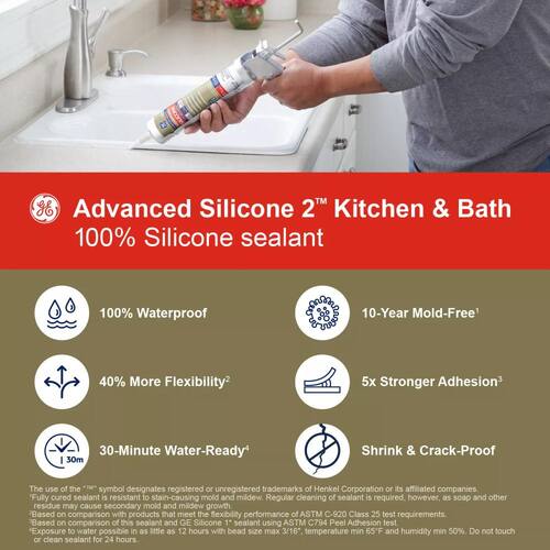 Silicone 2 Caulk, Advanced, Kitchen and Bath Sealant, Clear, 10.1 oz.