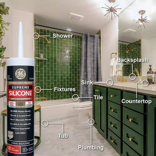 Silicone Caulk, Supreme, Kitchen and Bath Sealant, Clear, 10.1 oz.