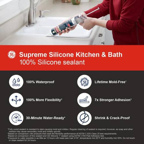 Silicone Caulk, Supreme, Kitchen and Bath Sealant, Clear, 10.1 oz.