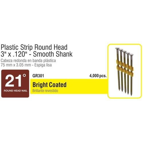 Framing Nails 21° Angled Round Head 3 in. x 0.120 in. Plastic Collated Vinyl Coated Smooth Shank 4000 pcs