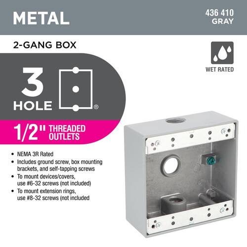 Weatherproof Box Metallic 2-Gang with (3) 1/2 in. Holes, Gray