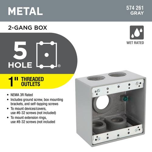 Weatherproof Box 2-Gang Deep Metallic with (5) 1 in. Holes, Gray