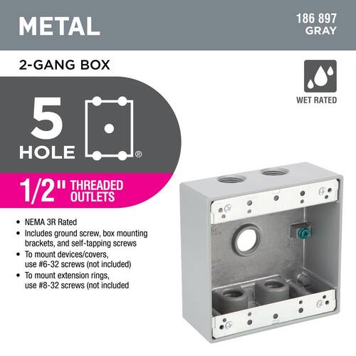 Weatherproof Box 2-Gang Metallic with (5) 1/2 in. Holes, Gray