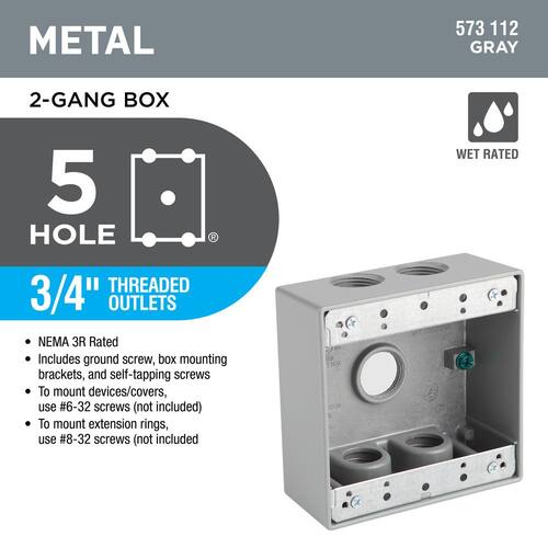 Weatherproof Box Metallic 2-Gang with (5) 3/4 in. Holes Gray