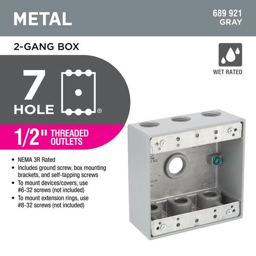 Weatherproof Box 2-Gang Metallic with (7) 1/2 in. Holes, Gray