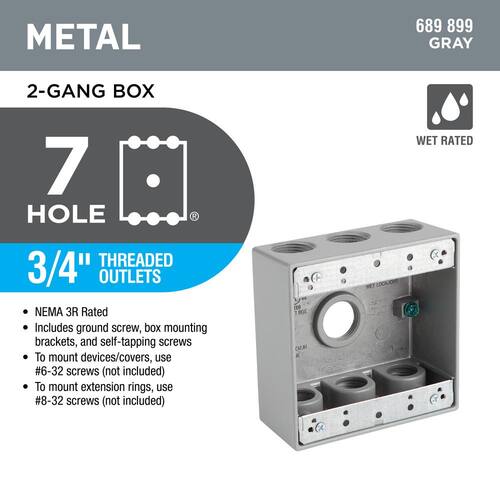 Weatherproof Box 2-Gang Metallic with (7) 3/4 in. Holes, Gray